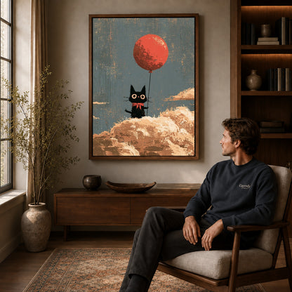Cloud Cat canvas art above a wooden console beside a seated man in a warm room.