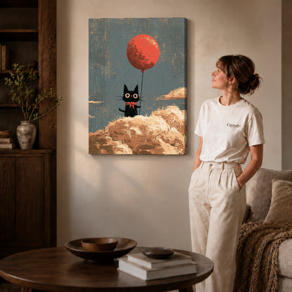 Cloud Cat canvas art displayed as gallery wrapped canvas beside a woman in natural light.