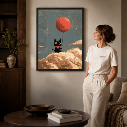 Cloud Cat canvas art in a black frame above books in a welcoming living room.