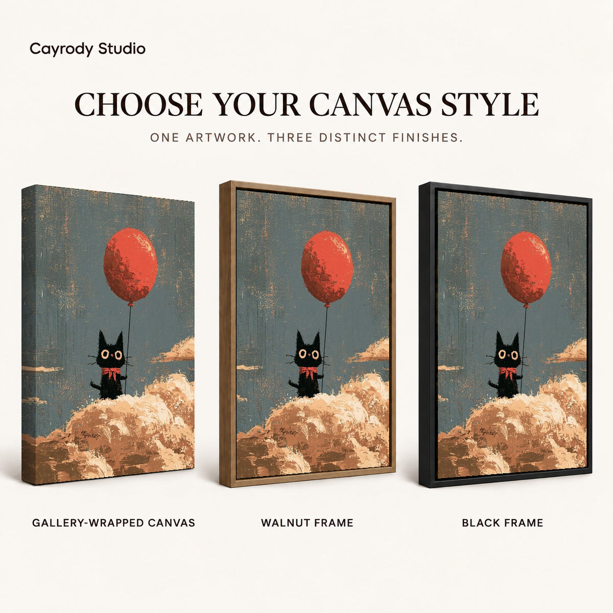 Cloud Cat canvas art comparing gallery wrapped canvas, walnut frame, and black frame finishes.