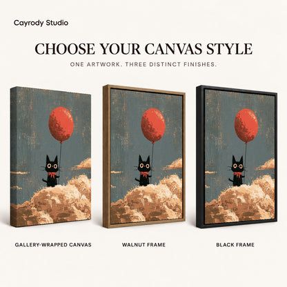 Cloud Cat canvas art comparing gallery wrapped canvas, walnut frame, and black frame finishes.