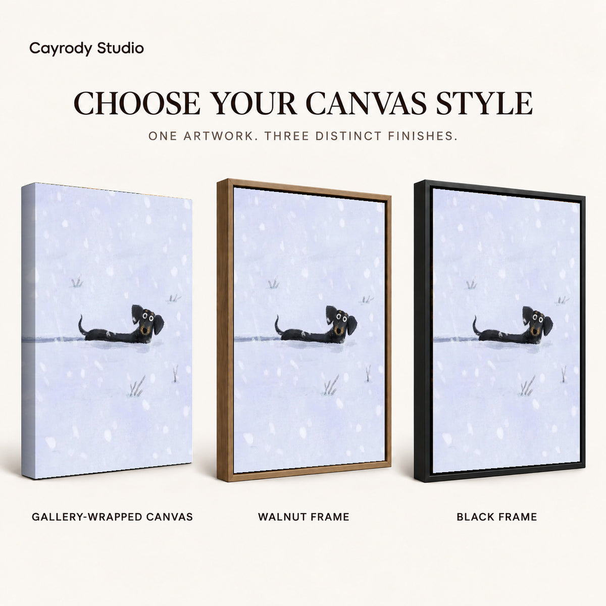 Snowy Dachshund canvas art comparing gallery wrapped canvas, walnut frame, and black frame finishes.