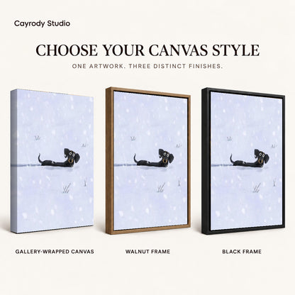 Snowy Dachshund canvas art comparing gallery wrapped canvas, walnut frame, and black frame finishes.