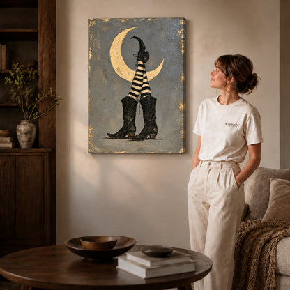 Moonlit Witch Boots canvas art displayed as gallery wrapped canvas beside a woman in natural light.