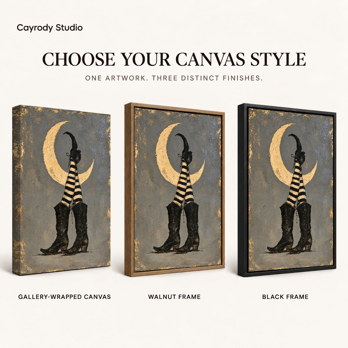 Moonlit Witch Boots canvas art comparing gallery wrapped canvas, walnut frame, and black frame finishes.