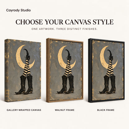 Moonlit Witch Boots canvas art comparing gallery wrapped canvas, walnut frame, and black frame finishes.