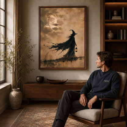 Lantern Witch canvas art above a wooden console beside a seated man in a warm room.