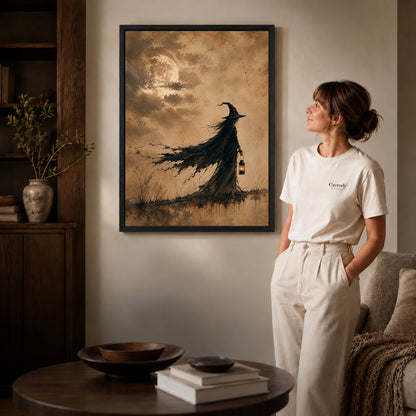 Lantern Witch canvas art in a black frame above books in a welcoming living room.