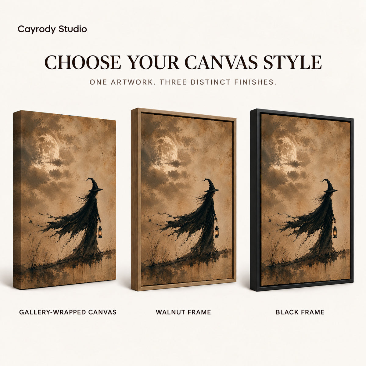 Lantern Witch canvas art comparing gallery wrapped canvas, walnut frame, and black frame finishes.