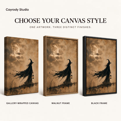 Lantern Witch canvas art comparing gallery wrapped canvas, walnut frame, and black frame finishes.