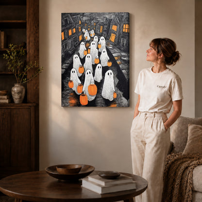 Pumpkin Ghosts canvas art displayed as gallery wrapped canvas beside a woman in natural light.