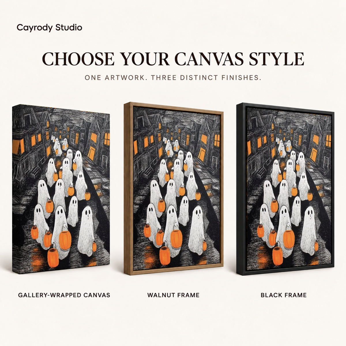Pumpkin Ghosts canvas art comparing gallery wrapped canvas, walnut frame, and black frame finishes.