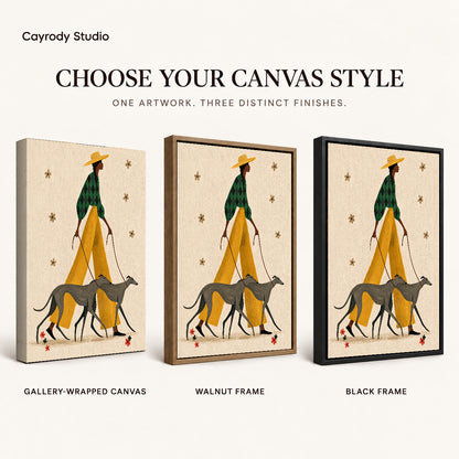 Stylish Greyhound Walk canvas art comparing gallery wrapped canvas, walnut frame, and black frame finishes.