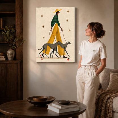 Gallery wrapped stylish greyhound walk canvas art with visible canvas edges beside a standing woman.