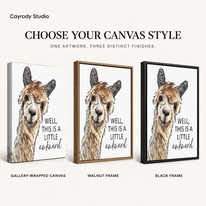 Awkward Alpaca canvas art comparing gallery wrapped canvas, walnut frame, and black frame finishes.