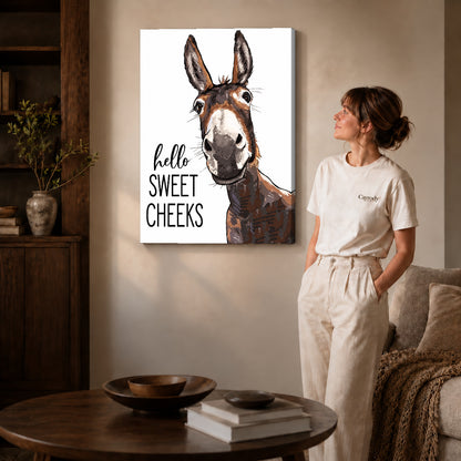 Gallery wrapped sweet cheeks donkey canvas art with visible canvas edges beside a standing woman.