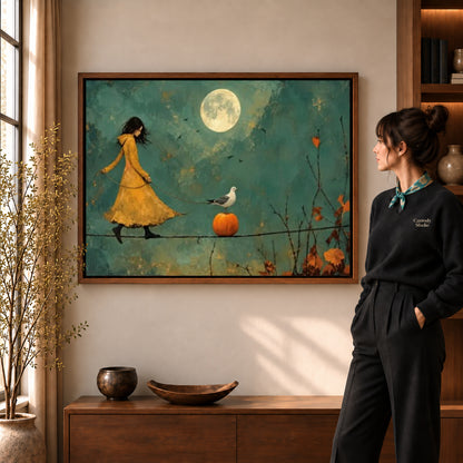 Moonlit Tightrope canvas art in a walnut frame beside a standing woman and wooden console.
