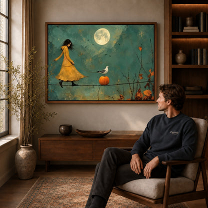 Moonlit Tightrope canvas art above a wooden console beside a seated man in a warm room.