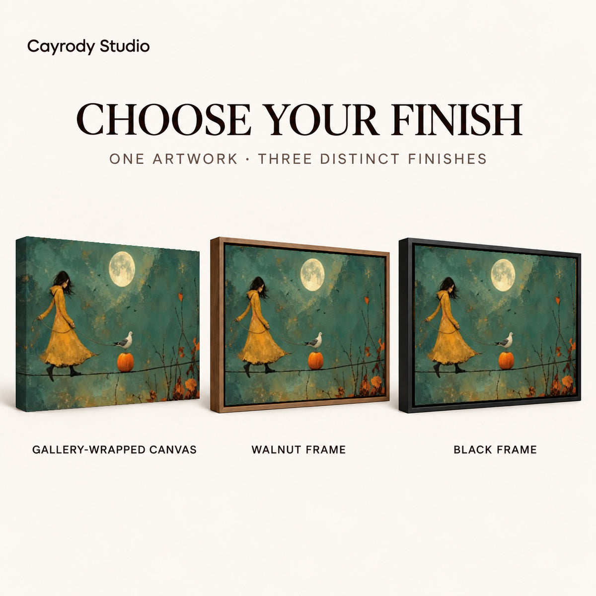 Moonlit Tightrope canvas art comparing gallery wrapped canvas, walnut frame, and black frame finishes.