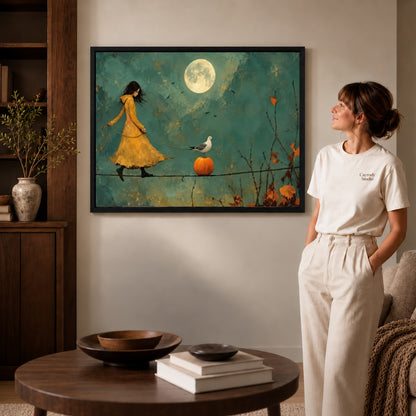 Black framed moonlit tightrope canvas art displayed beside a woman in a warm living room.