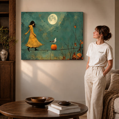 Gallery wrapped moonlit tightrope canvas art with visible canvas edges beside a standing woman.