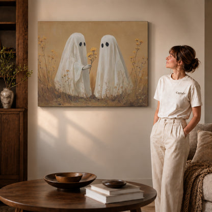 Ghost Flower Gift canvas art displayed as gallery wrapped canvas beside a woman in natural light.