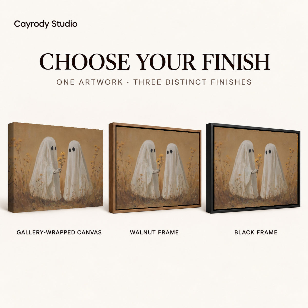 Ghost Flower Gift canvas art comparing gallery wrapped canvas, walnut frame, and black frame finishes.