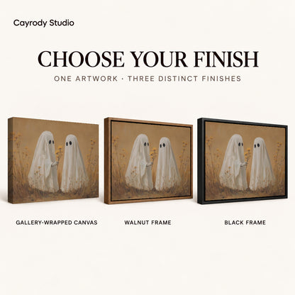 Ghost Flower Gift canvas art comparing gallery wrapped canvas, walnut frame, and black frame finishes.