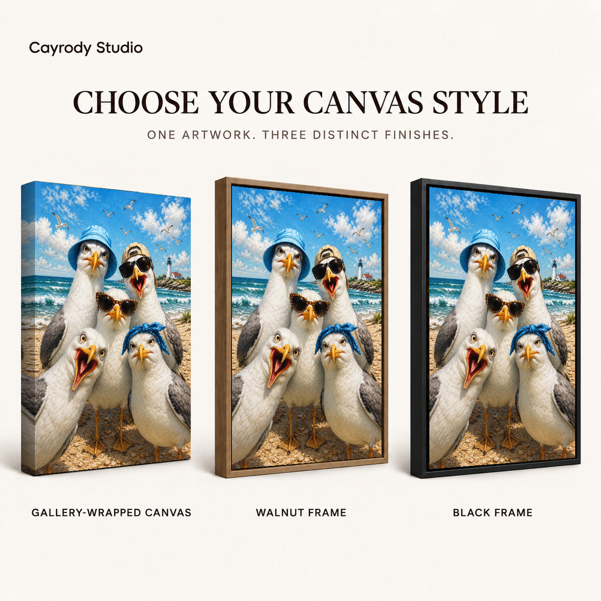 Beach Seagull Selfie canvas art comparing gallery wrapped canvas, walnut frame, and black frame finishes.