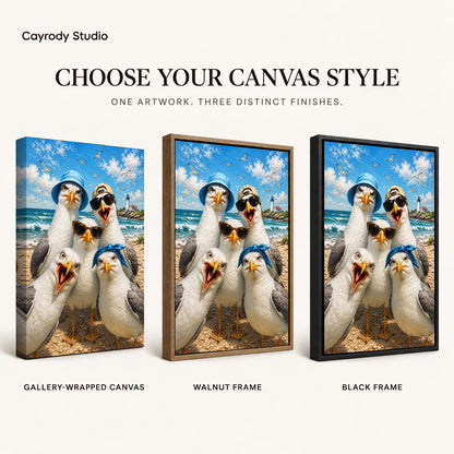 Beach Seagull Selfie canvas art comparing gallery wrapped canvas, walnut frame, and black frame finishes.