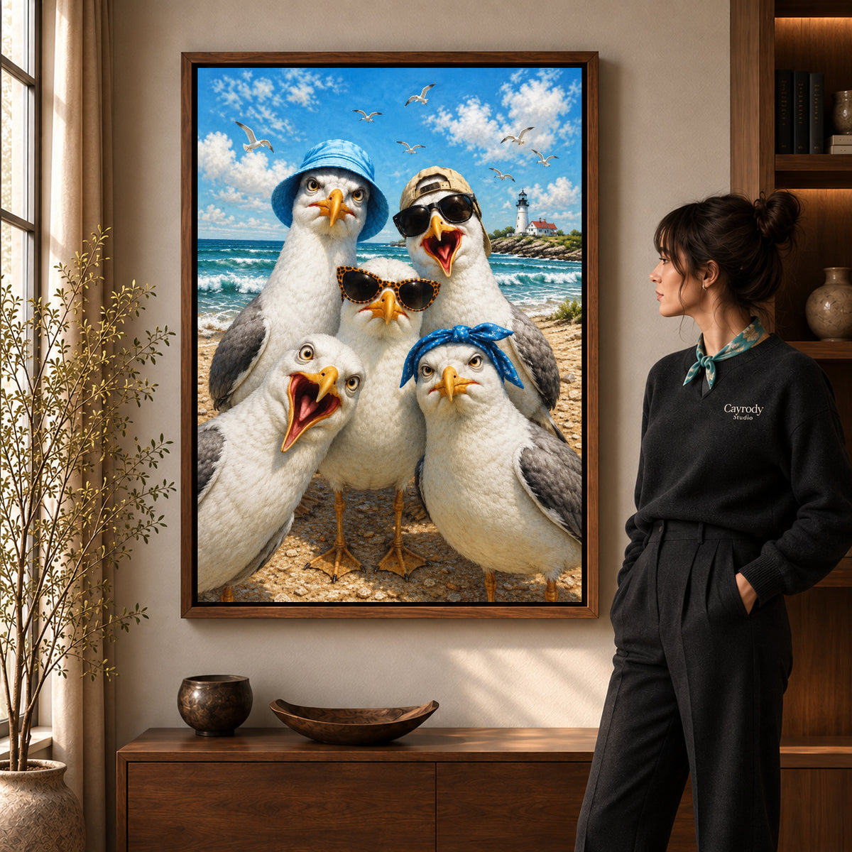 Walnut framed beach seagull selfie canvas art shown beside a standing woman and a wooden console.
