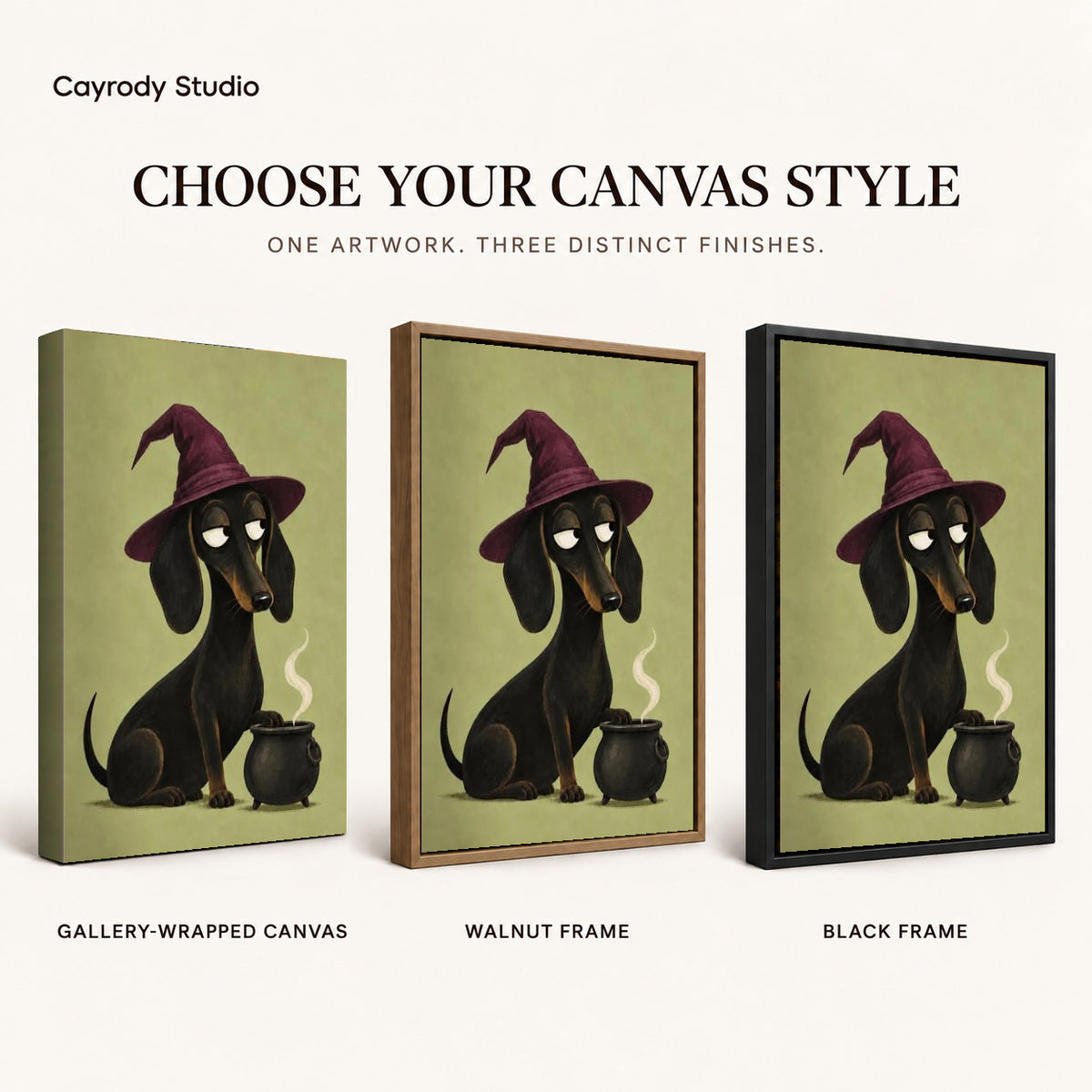 Dachshund Witch canvas art comparing gallery wrapped canvas, walnut frame, and black frame finishes.