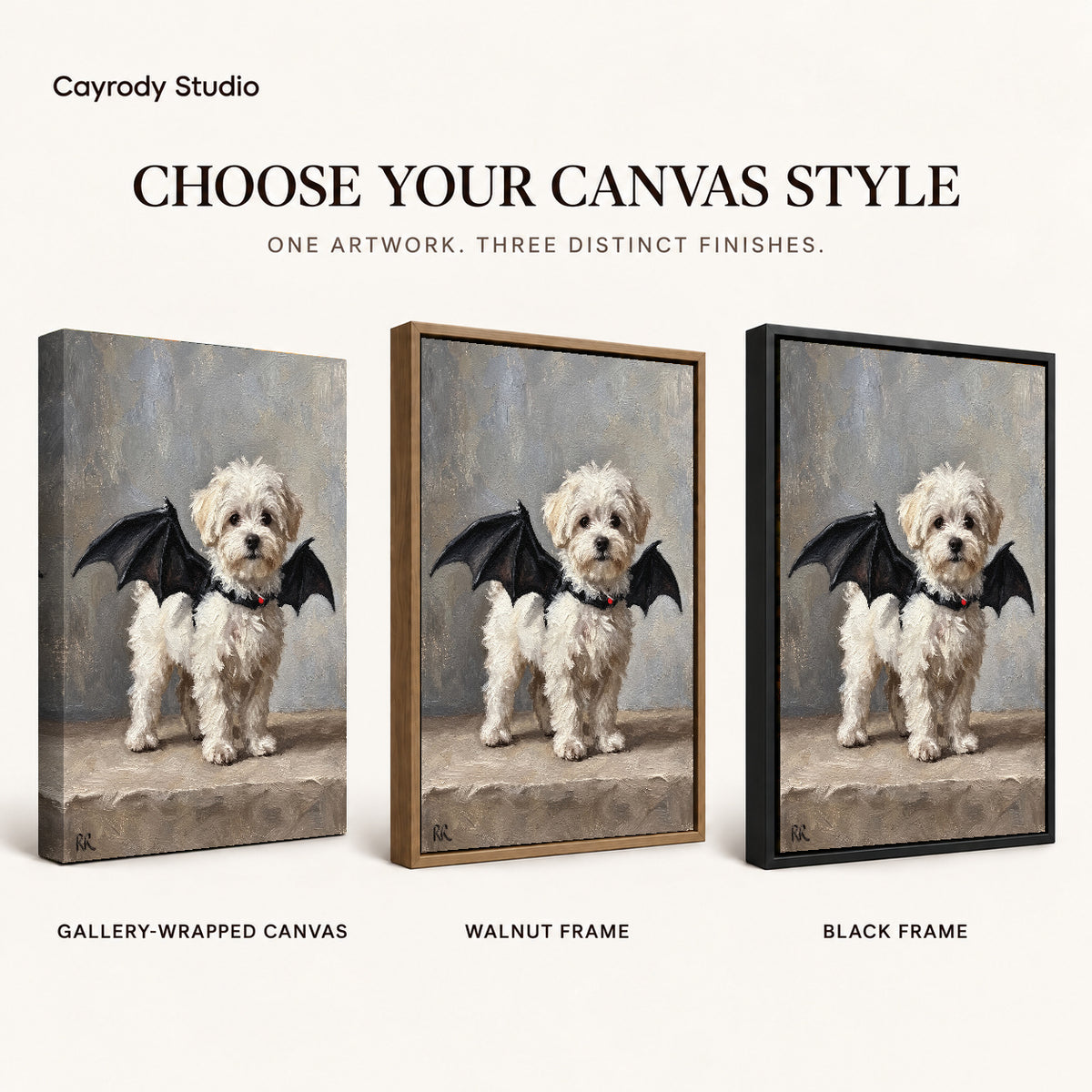 Bat Wing Puppy canvas art comparing gallery wrapped canvas, walnut frame, and black frame finishes.