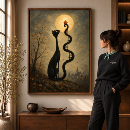 Moon Ladder Cat canvas art in a walnut frame beside a standing woman and wooden console.