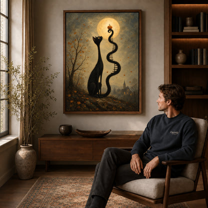 Moon Ladder Cat canvas art above a wooden console beside a seated man in a warm room.