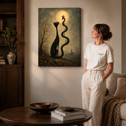 Moon Ladder Cat canvas art displayed as gallery wrapped canvas beside a woman in natural light.