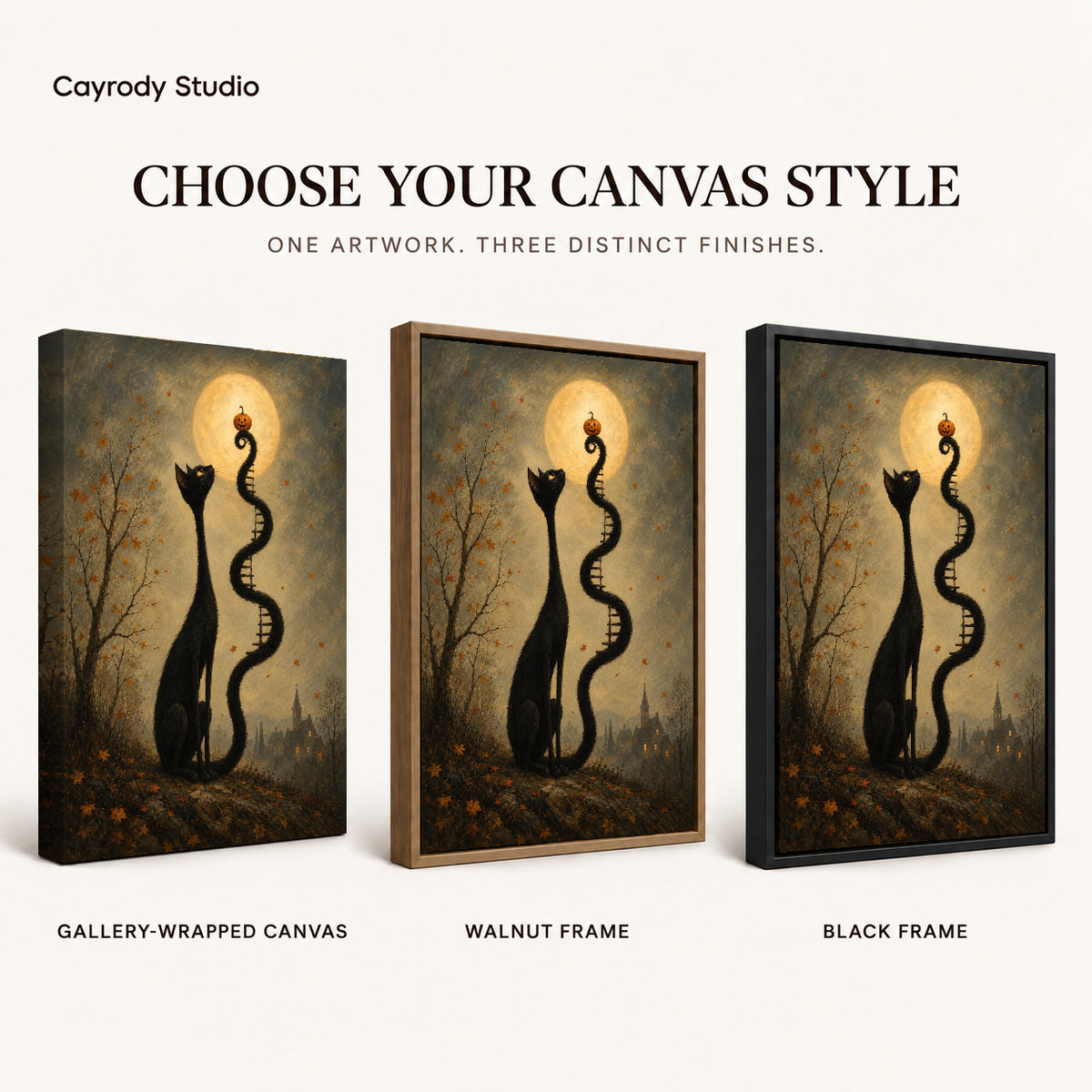 Moon Ladder Cat canvas art comparing gallery wrapped canvas, walnut frame, and black frame finishes.