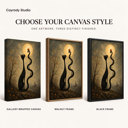 Moon Ladder Cat canvas art comparing gallery wrapped canvas, walnut frame, and black frame finishes.