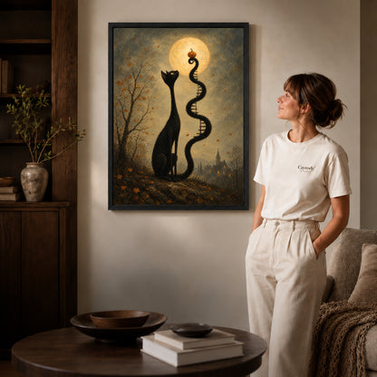 Black framed moon ladder cat canvas art displayed beside a woman in a warm living room.