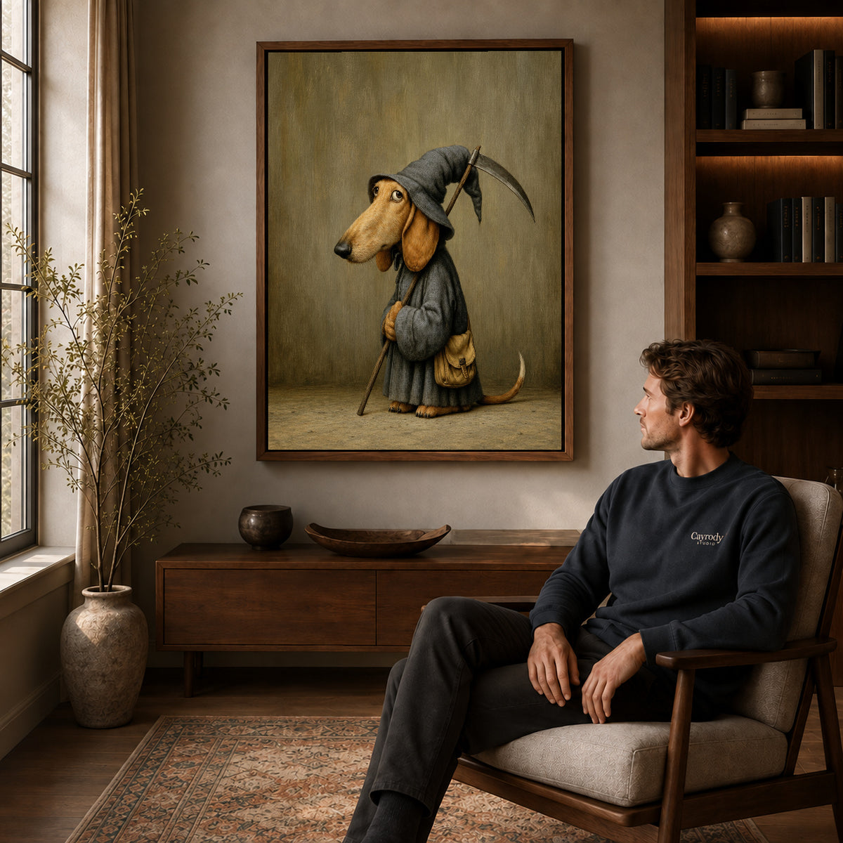 Reaper Dachshund canvas art above a wooden console beside a seated man in a warm room.