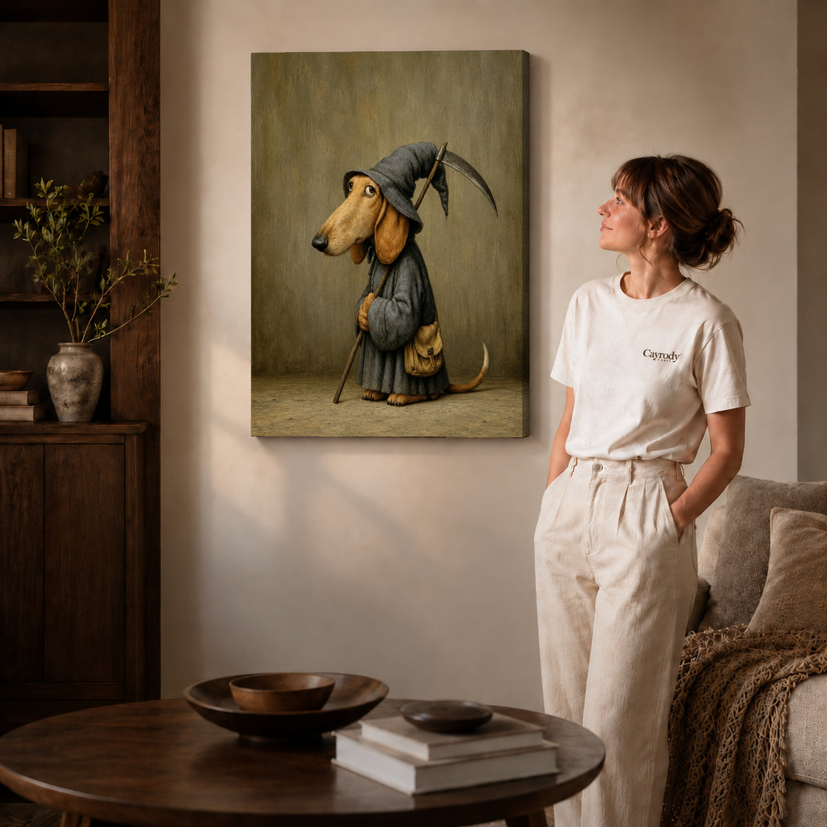 Reaper Dachshund canvas art displayed as gallery wrapped canvas beside a woman in natural light.