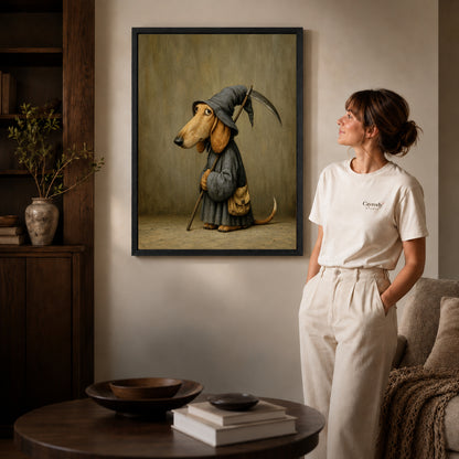 Reaper Dachshund canvas art in a black frame above books in a welcoming living room.