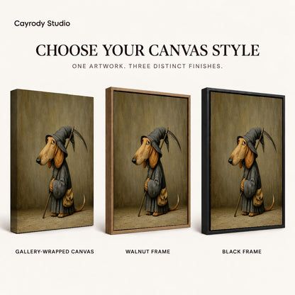 Reaper Dachshund canvas art comparing gallery wrapped canvas, walnut frame, and black frame finishes.