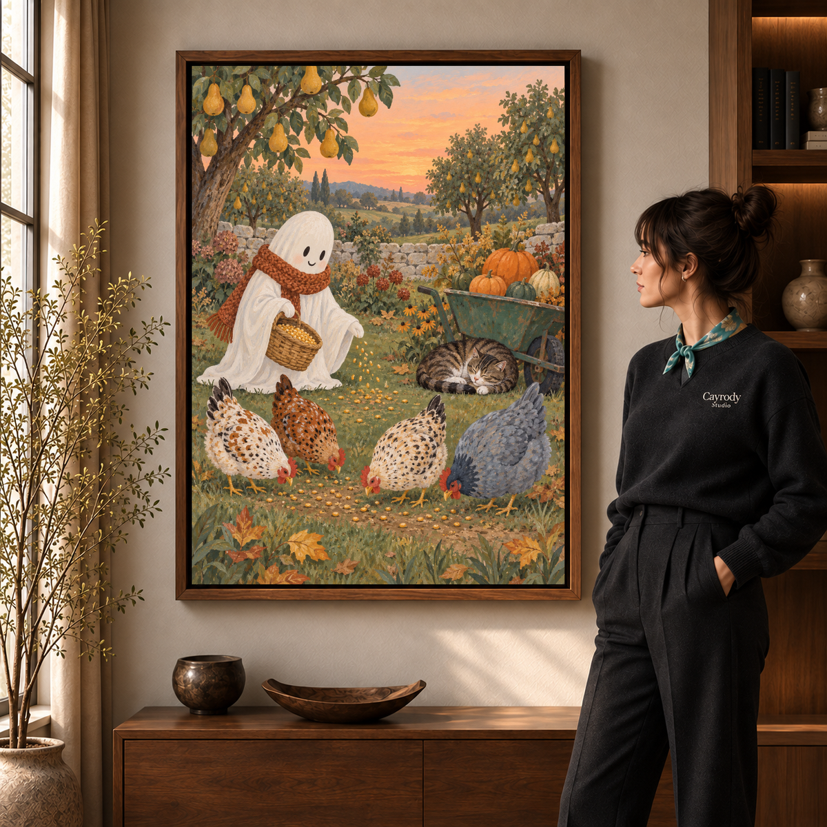 Friendly ghost feeding hens canvas art in a walnut frame beside a woman in a warm living room.
