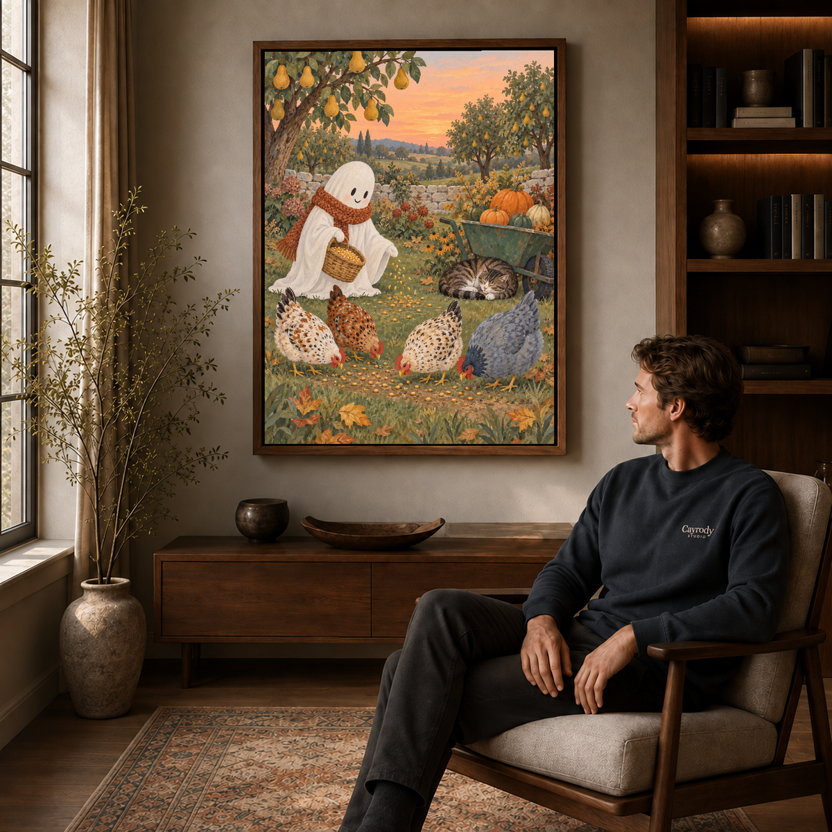 Autumn ghost and hens artwork in a walnut frame above a cabinet with a man seated nearby.