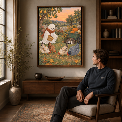 Autumn ghost and hens artwork in a walnut frame above a cabinet with a man seated nearby.