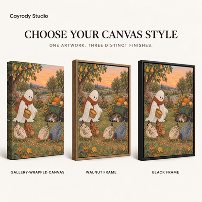 Three canvas finishes display the same ghost farm artwork with gallery wrapped, walnut, and black frame labels.