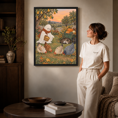 Black framed canvas option with the smiling ghost, four hens, pumpkins, and a sleeping tabby cat.