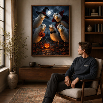 Spooky Seagull Crew canvas art above a wooden console beside a seated man in a warm room.