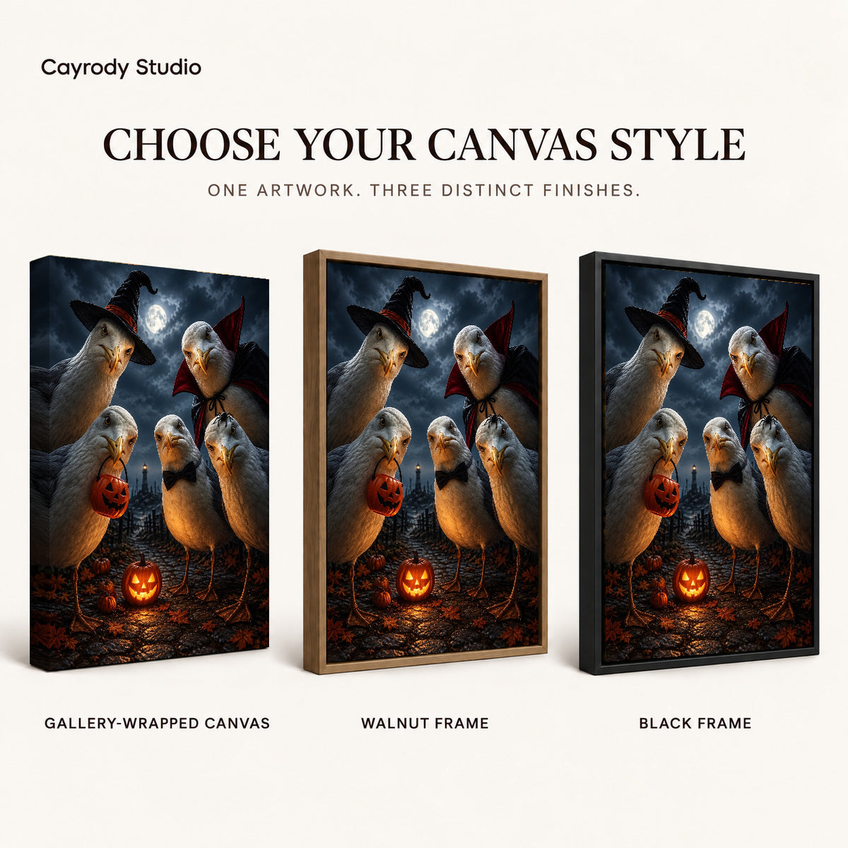 Spooky Seagull Crew canvas art comparing gallery wrapped canvas, walnut frame, and black frame finishes.